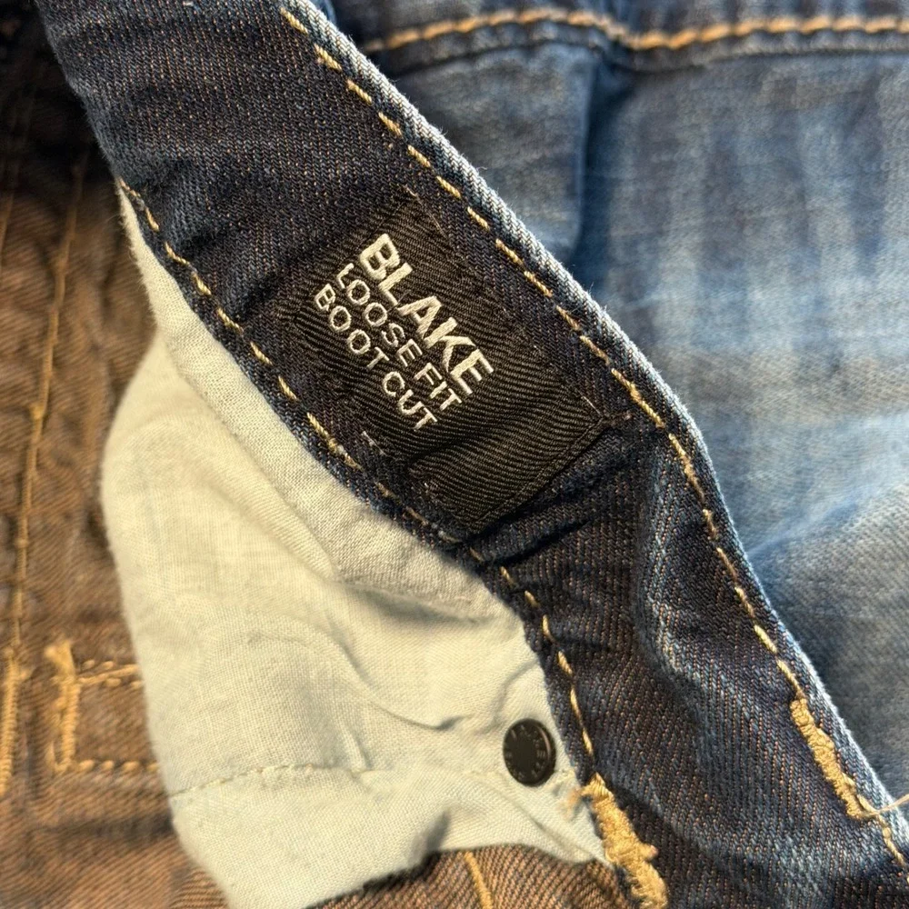 Express Jeans Blake Loose Fit Boot Cut Mens 36x34 Blue Distressed Heavy Stitch